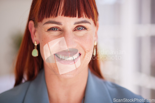 Image of Accountant, woman and happy portrait of face excited for career opportunity in Canada workspace. Happiness, expert and professional accounting employee ready for company venture with smile.