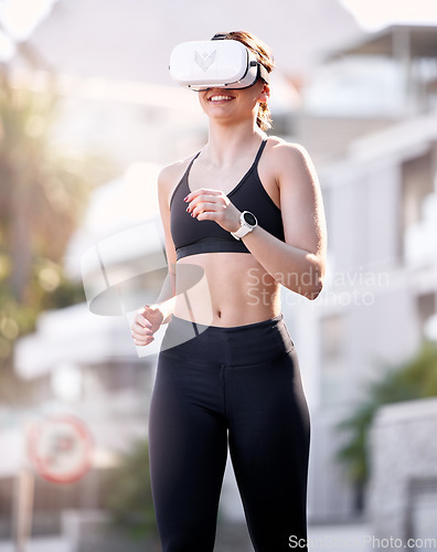 Image of VR, running and fitness with a sports woman outdoor for exercise in the metaverse for cardio or endurance. Virtual reality, 3d and workout with a female athlete using ai technology for training