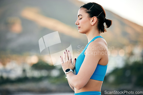 Image of Fitness, yoga and meditation with a woman outdoor in nature for zen, inner peace or balance for wellness. Health, freedom and mental health with a female athlete meditating outside with mockup
