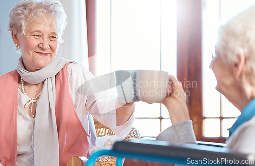 Image of Elderly women, friends and drink tea with friend together in nursing home, rehabilitation center and retirement home. Senior friendship cheers, drinking hot beverage and happy smile on old woman face