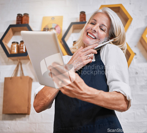 Image of Small business, woman and tablet, phone call and management in retail honey shop, online store and eco supermarket. Happy business owner, communication and digital planning for customer grocery order