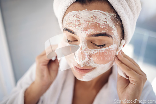 Image of Healthcare, skincare or facial woman in portrait or spa for wellness, beauty and cosmetics cleaning product with smile. Face mask, health or happy model girl with dermatology product at luxury salon