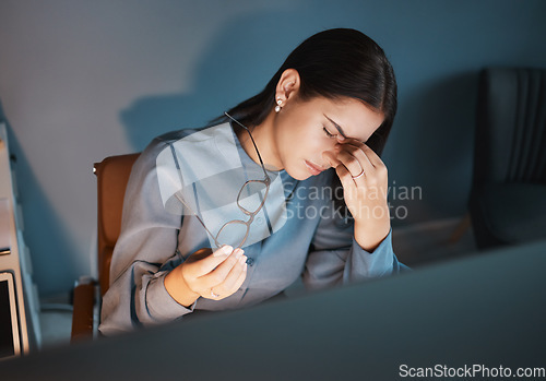 Image of Stress headache, overtime burnout and woman holding glasses in hand overwhelmed with workload in office. Frustrated, tired girl and late night project at startup with deadline time pressure crisis.