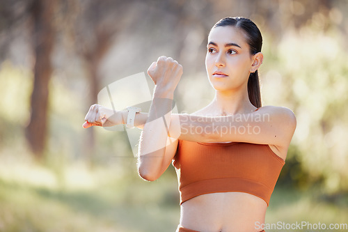 Image of Stretching, fitness and nature woman for exercise, running and outdoor wellness with muscle power, energy and focus in park. Forest, woods and sports runner girl with goal for cardio health training
