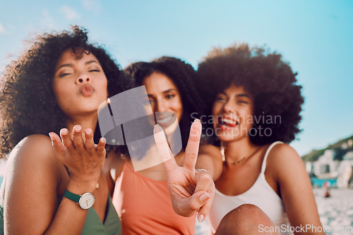 Image of Happy, peace sign and friends with women on beach for summer break, holiday and travel destination. Party, smile and tropical with portrait of girl and relax for vacation, sunbathing and adventure