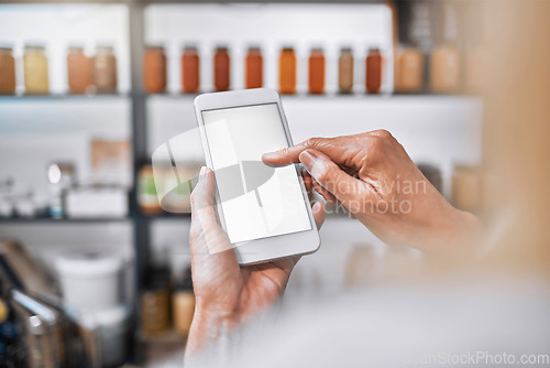 Image of Mockup, screen or phone in woman hands in startup for networking, communication or small business social media review. Advertising, marketing space or zoom smartphone contact us, website or internet