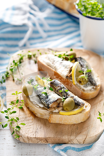 Image of Sardines sandwiches on a white wooden background. Mediterranean food
