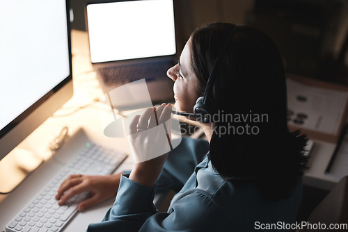 Image of Call center, computer screen and woman with business communication, multimedia IT support and virtual advice in e commerce. Happy telemarketing, insurance advisor or digital crm agent in night office