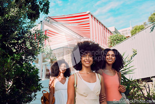 Image of Black women, friends and summer relax, vacation and break together in san francisco. Happy, young and female group at holiday house of fun, happiness and freedom in traveling, trip and tourism resort