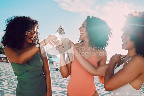 Image of Summer, women and friends beach toast with happy smile for cheers, holiday and fun together. Travel, black people and drink celebration for friendship vacation getaway in Los Angeles, USA.