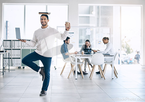 Image of Business man, balance and multitask with laptop, book and coffee in hand while happy about workflow management in a marketing office. Portrait of employee mindset and mental health to study and work