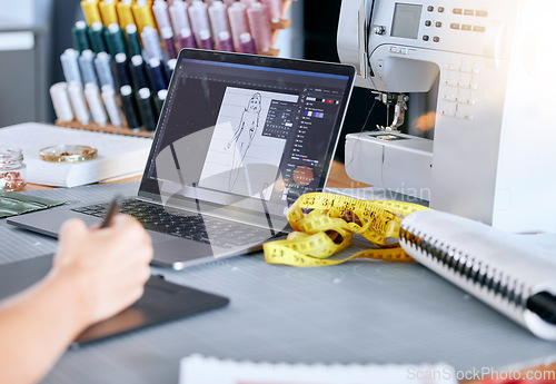 Image of Fashion, designer and laptop for a sketch or drawing for clothes manufacturing in a tailor workshop or factory for creative ideas. Hand of woman at desk with design technology for illustration work