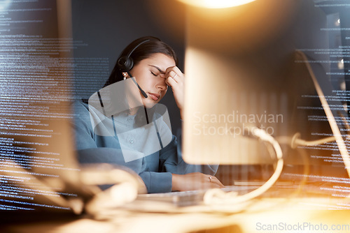 Image of Call center, headache and woman with stress for big data, information technology software solution and problem solving. Digital overlay, graphic and tried night consultant or IT agent on her computer