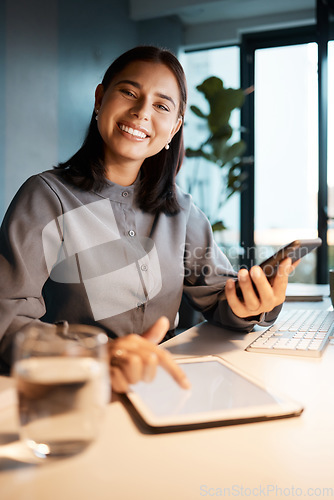 Image of Tablet, screen and technology of business woman in office with multimedia marketing, ux design and advertising success portrait. Happy corporate manager with digital innovation at her desk with light