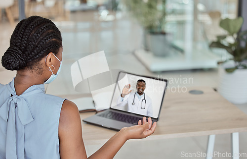 Image of Patient, video call and covid black woman on a laptop screen meeting with doctor online with a mask. Healthcare, medical and corona with a female and health professional virtual consulting or advice