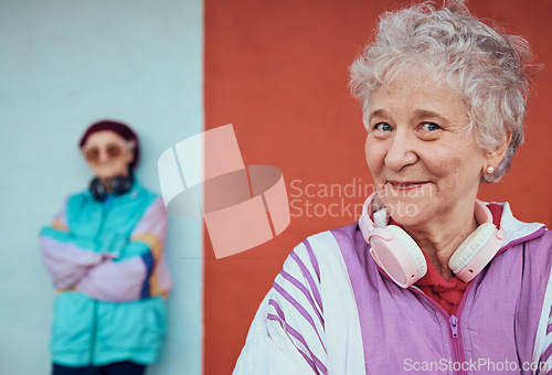 Image of Music, hip hop and senior women with street style, urban smile and 5g headphones in the city. Pride, happy and face portrait of an elderly lady in retirement streaming radio audio for happiness