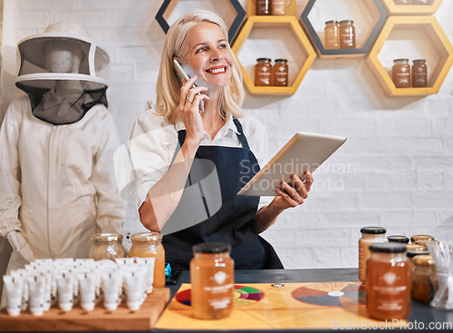 Image of Phone call, honey and tablet with woman in store for natural product, organic and grocery shopping. Retail, health and food ingredient with small business owner with communication and technology