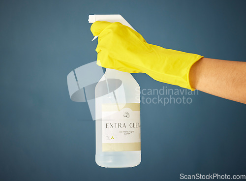 Image of Cleaner hand, glove and product for cleaning, hygiene and cleaning service with detergent advertising mock up. Eco friendly chemical, spray bottle with disinfectant and cleaning supplies.