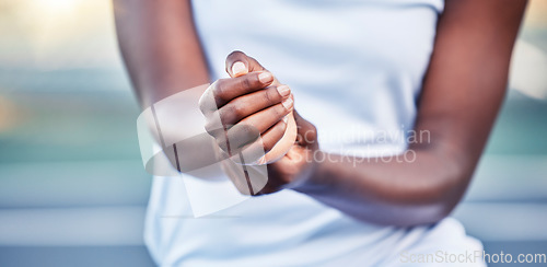 Image of Black woman stretching wrist, sports injury in outdoor park and hands of athlete with medical emergency. Girl checking pulse of heart rate, broken joint on arm and pain in carpal tunnel accident