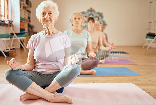 Image of Yoga, exercise and senior woman in lotus for meditation, mindfulness and zen workout for health and wellness in retirement. Group of old people together yoga spiritual, chakra and balance training