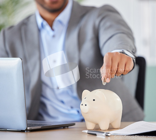 Image of Piggy bank, savings and businessman with a coin for his investment budget planning for inflation crisis. Accounting, growth and hands of financial manager investing change with money management goals