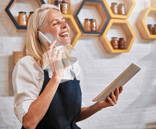 Image of Phone call, tablet or product with woman in store for natural, organic or communication for grocery shopping. Happy startup, honey or retail small business owner for supermarket, food or wellness