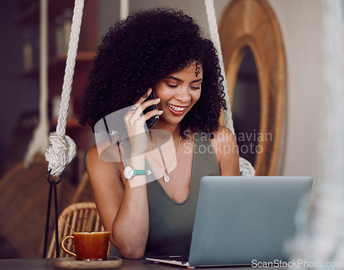 Image of Black woman, phone call and laptop, internet cafe and remote work, planning and blogging as freelancer entrepreneur. Happy young female talking on smartphone, working on computer and in coffee shop