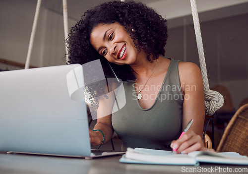 Image of Black woman, phone call and laptop with smile for communication, networking or multitasking at home. African American female event planner smiling and writing in notebook for scheduling appointments