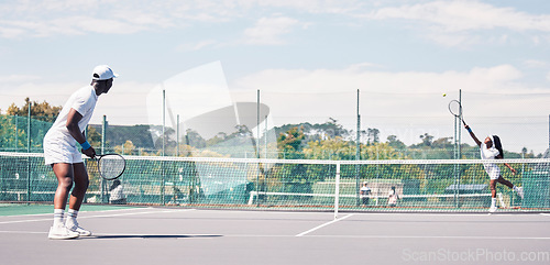 Image of Fitness, tennis and people on tennis court, athlete playing game with focus and sport workout outdoor. Sports match, young man, woman and cardio while training and exercise together with teamwork