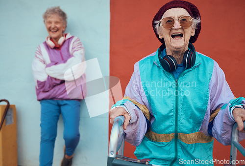 Image of Hipster, senior women and friends smile, retro look and headphones for casual day, happy and trendy. Portrait, elderly females and mature ladies with cool edgy look, hip hop and funky retro outfits.