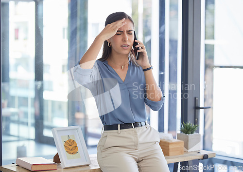 Image of Work stress, business woman and headache of a finance and audit call problem feeling anxiety. Employee with corporate burnout and mental health problem from financial report and office error