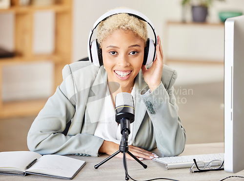 Image of Business woman, portrait smile and podcast with headphones and microphone for recording in the studio. Happy female smiling ready for audio streaming, record or live radio broadcast at the office