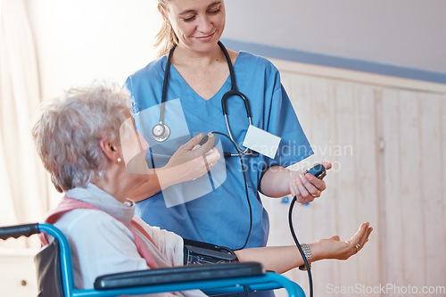 Image of Senior woman, happy doctor or blood pressure for healthcare, medical wellness or wheel chair check in hospital. Smile, medicine or nurse caregiver in nursing home to trust, disability help or support