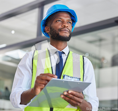 Image of Engineering, architecture and worker thinking with a checklist for infrastructure inspection or maintenance. Safety, construction and black man working on a office building project with clipboard