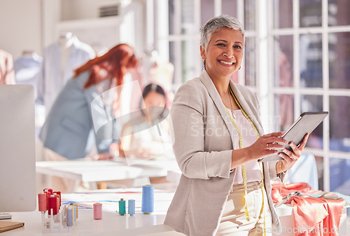 Image of Portrait of designer, fashion and senior woman with tablet for a digital collaboration, creative dress and a material design. Tailor business leadership, fabric seamstress and clothing manufacturing