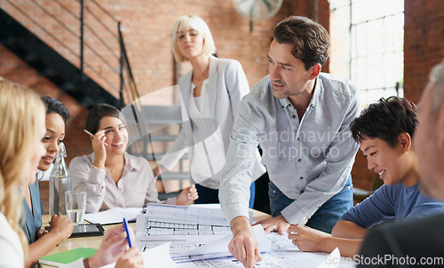 Image of Engineering, architecture and team working with blueprint for industrial project in office. Meeting, teamwork and group of industry workers planning construction sketch in collaboration in workplace.