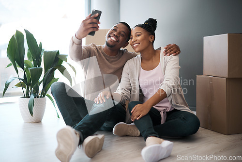 Image of Black couple, phone and smile for selfie, moving in or real estate, property or new home together. Happy African American man and woman smiling in happiness or satisfaction for photo and buying house