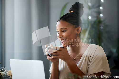 Image of Coffee, laptop and black women relax in a living room, drinking coffee and watching internet show. Tea, online show tv show and black woman enjoy day off, weekend and streaming entertainment mockup