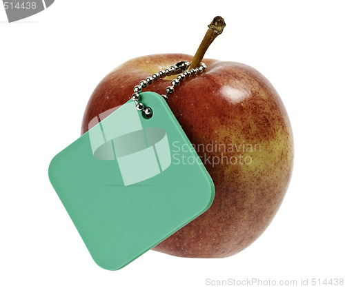 Image of Red apple with green tag