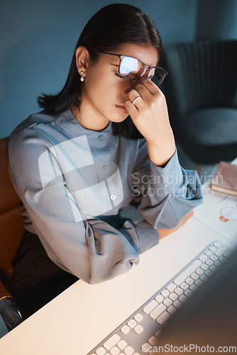 Image of Stress, anxiety and burnout with a business woman at work on a computer at a desk in her office from above. Compliance, mental health and headache with a female employee struggling to make a deadline