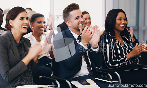 Image of Business people, applause and conference audience, crowd and tradeshow workshop, training and motivation for presentation. Happy corporate team, clapping hands and success, goals and support meeting