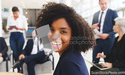 Image of Black woman, portrait and happy in business meeting, collaboration or ideas in office. Company goals or mission planning strategy of corporate worker with teamwork or employee workflow management