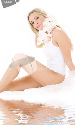 Image of blonde in cotton underwear with orchid