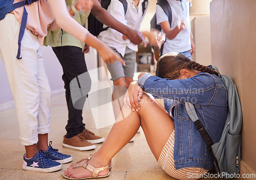 Image of Student, depression and stress from school bullying, social anxiety or harassment from classmates. Female teenager suffering from mental health or breakdown from students picking on her outside class