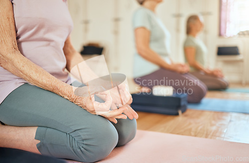 Image of Yoga, lotus hands and senior women in gym meditating for chakra and spiritual health. Zen, meditation and group of retired elderly females training to relax for peace and wellness in fitness center.