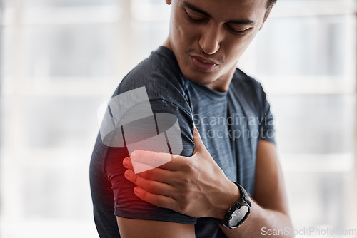 Image of Fitness, medical or man with shoulder pain overlay in gym for exercise, workout or training overwork. Healthcare, sad or athlete with arm injury emergency health wellness, sports or cardio problem