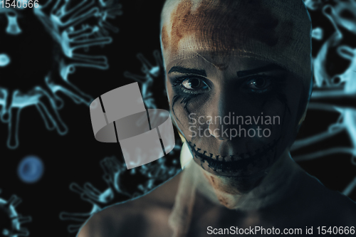 Image of Horrible portrait of a sick woman on coronavirus background