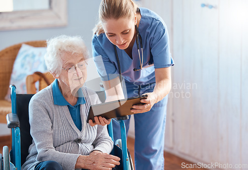 Image of Nursing home, woman or doctor with tablet checking medical results, chart online or social media. Healthcare, tech and nurse caregiver help consulting with elderly patient in living room or bedroom