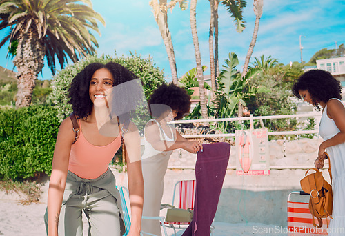 Image of Beach friends, tropical and African women bonding on outdoor summer vacation for peace, freedom and friendship reunion. Trees, nature travel and USA black woman on holiday adventure in Miami Florida