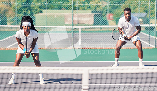 Image of Tennis, teamwork and portrait of black couple on court for match, game or competition. Exercise, fitness and doubles partners, tennis players and man and woman training for sports practice outdoors.